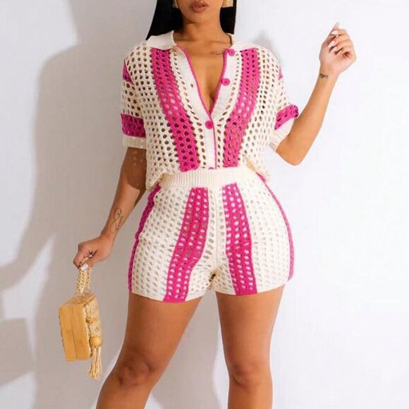 Sweaters - Hot Pink Casual Women's Short Sleeve Knitted Cardigan With Woolen Shorts